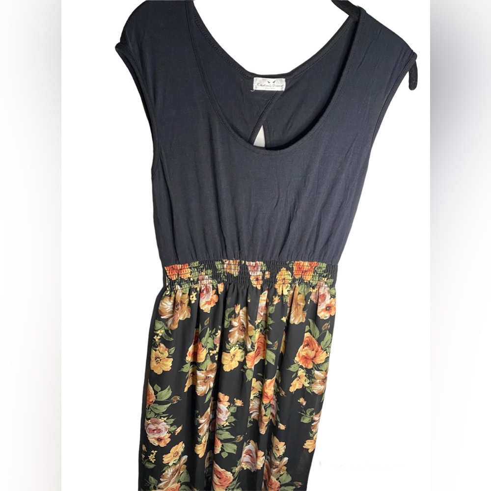 Chiffon Maxi Skirt Dress Empire Waist Floral Black Stretch Long Flowy Woman’s L